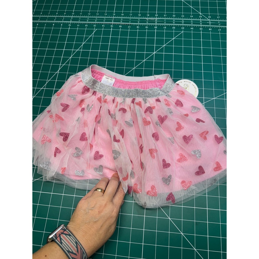 Sweet Wink Girls Pink Glitter Heart Tulle Tutu Skirt Silver Elastic Waist 4-6Y